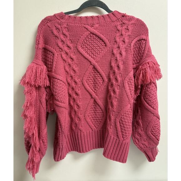 Vici Sun Goes Down Cable Knit Fringe Magenta Pink Pullover Sweater Size Small - Picture 2 of 4